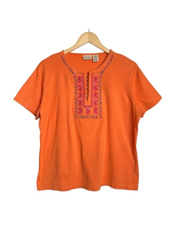 St. John's Bay Tops - St. John’s Bay Embellished T-Shirt Women XL Orange Embroidered V-Neck